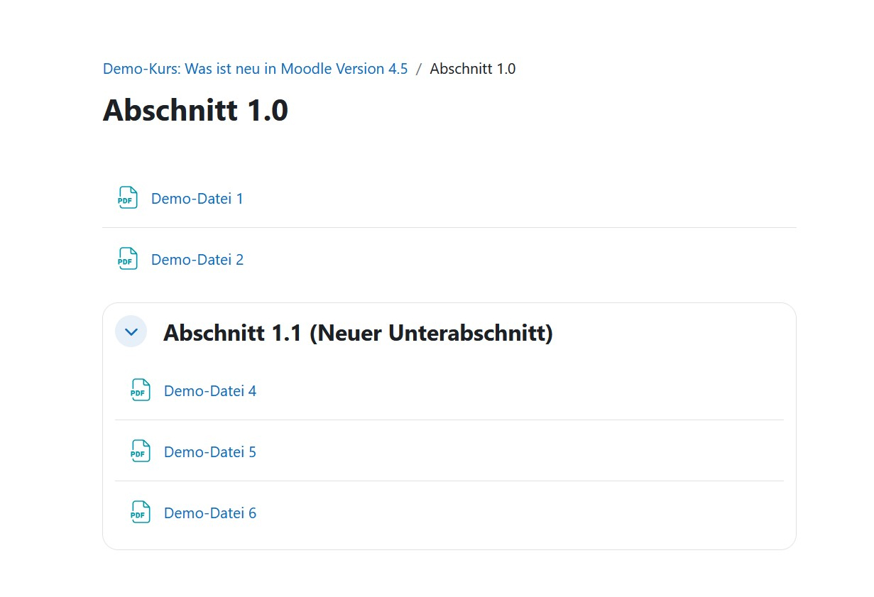 Screenshot eines Moodle Kurses mit Kurse-Unterabschnitt